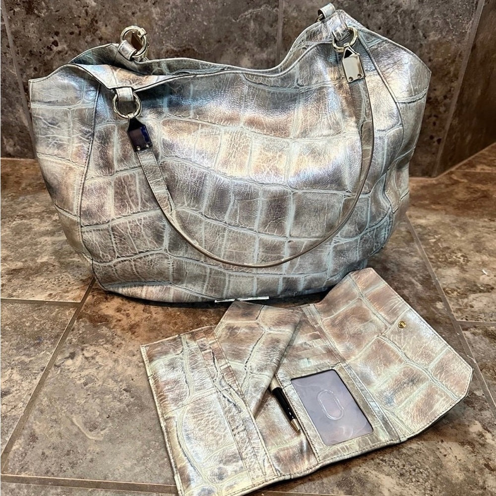 Brahmin pewter majorelle bag checkbook wallet